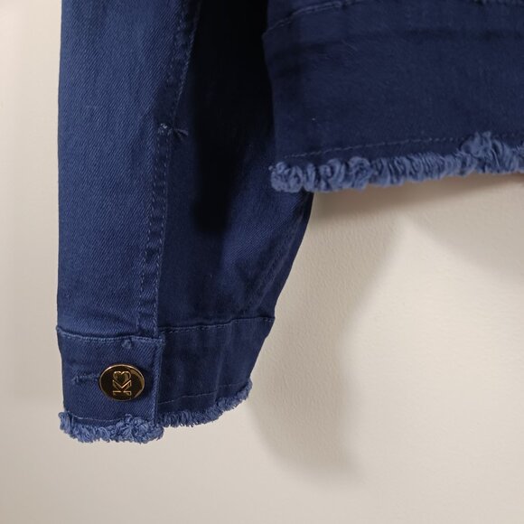 Kim Gravel, Belle, Medium Navy Denim Jacket with Gold Buttons and Frayed Trim - Picture 9 of 15